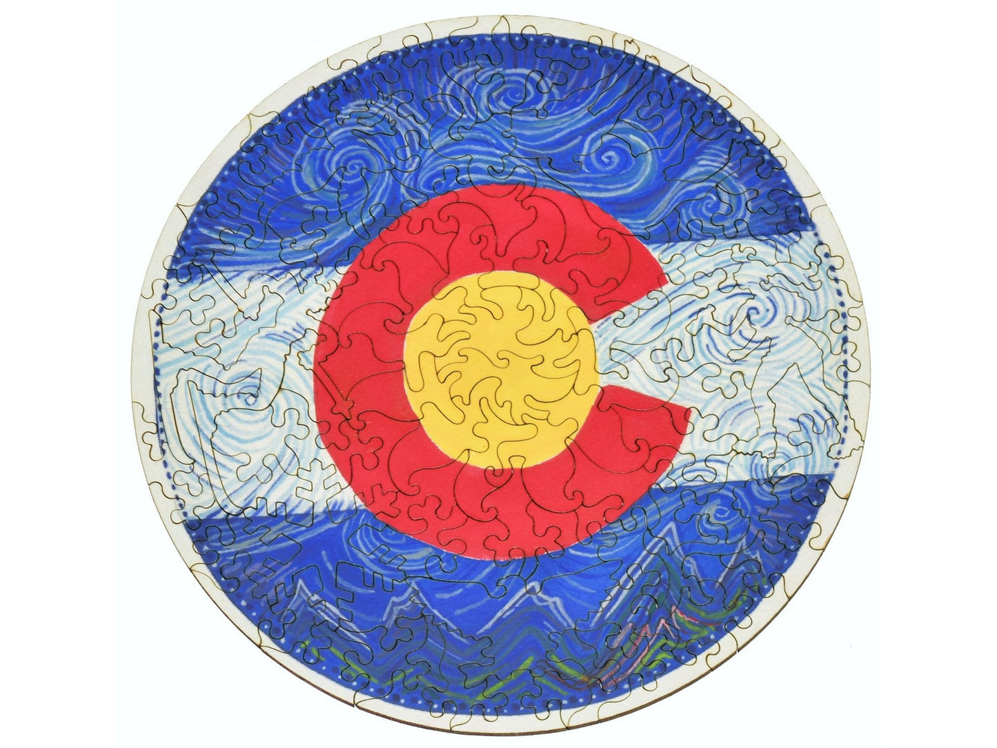 The front of the puzzle, Colorado Flag Round, which shows a round drawing of the Colorado flag.