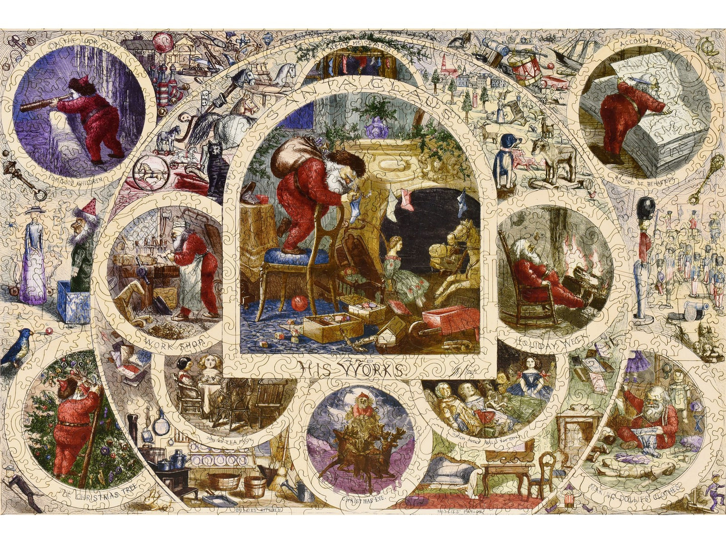 The front of the puzzle, Santa Claus and His Works, which shows vignettes of Santa working.