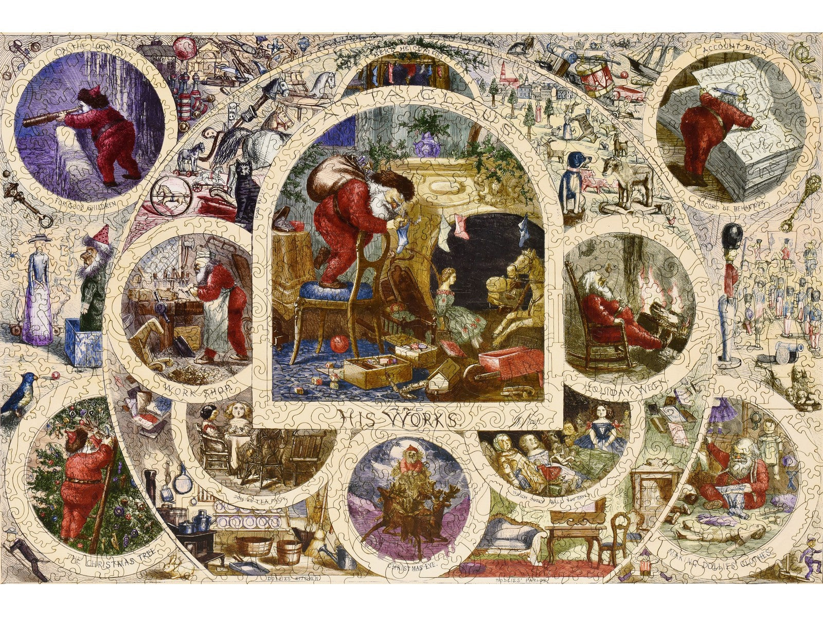 The front of the puzzle, Santa Claus and His Works, which shows vignettes of Santa working.