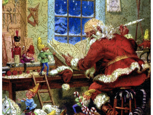 A closeup of the front of the puzzle, Santa's Workshop.