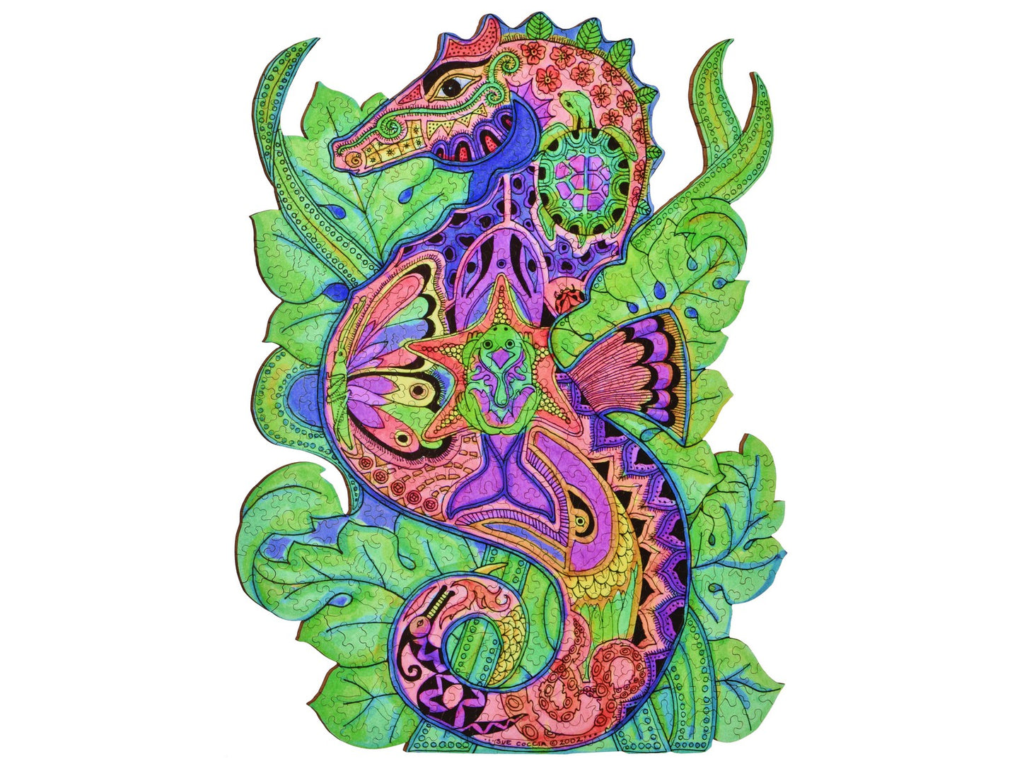 The front of the puzzle, Seahorse, which shows a colorful line drawing of a seahorse.