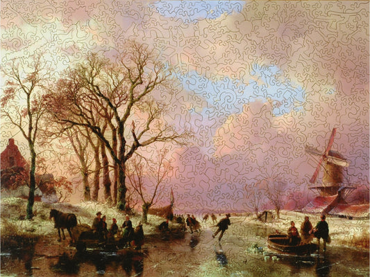 The front of the puzzle, Skating in Holland, which shows a winter landscape scene of people skating on a frozen river in the countryside of Holland.