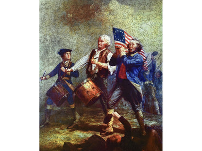 The front of the puzzle, Spirit of '76, which shows some soldiers carrying the early american flag.