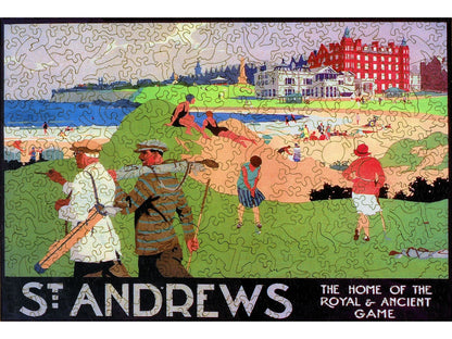 The front of the puzzle, St. Andrews, which shows people playing golf and sunbathing in a coastal town.