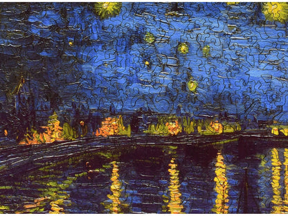 A closeup of the front of the puzzle, Starry Night Over the Rhone.