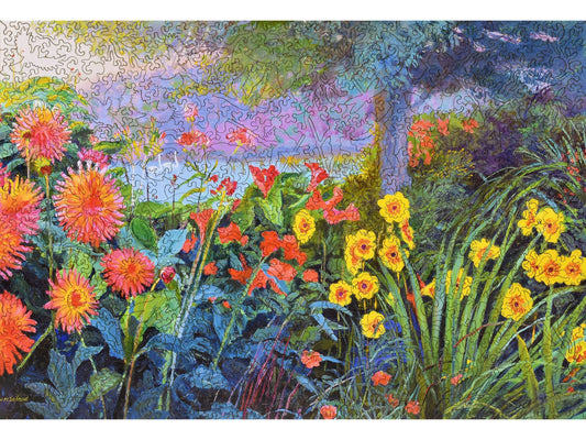 The front of the puzzle, Summer Swans, which shows a colorful flower garden next to a lake.
