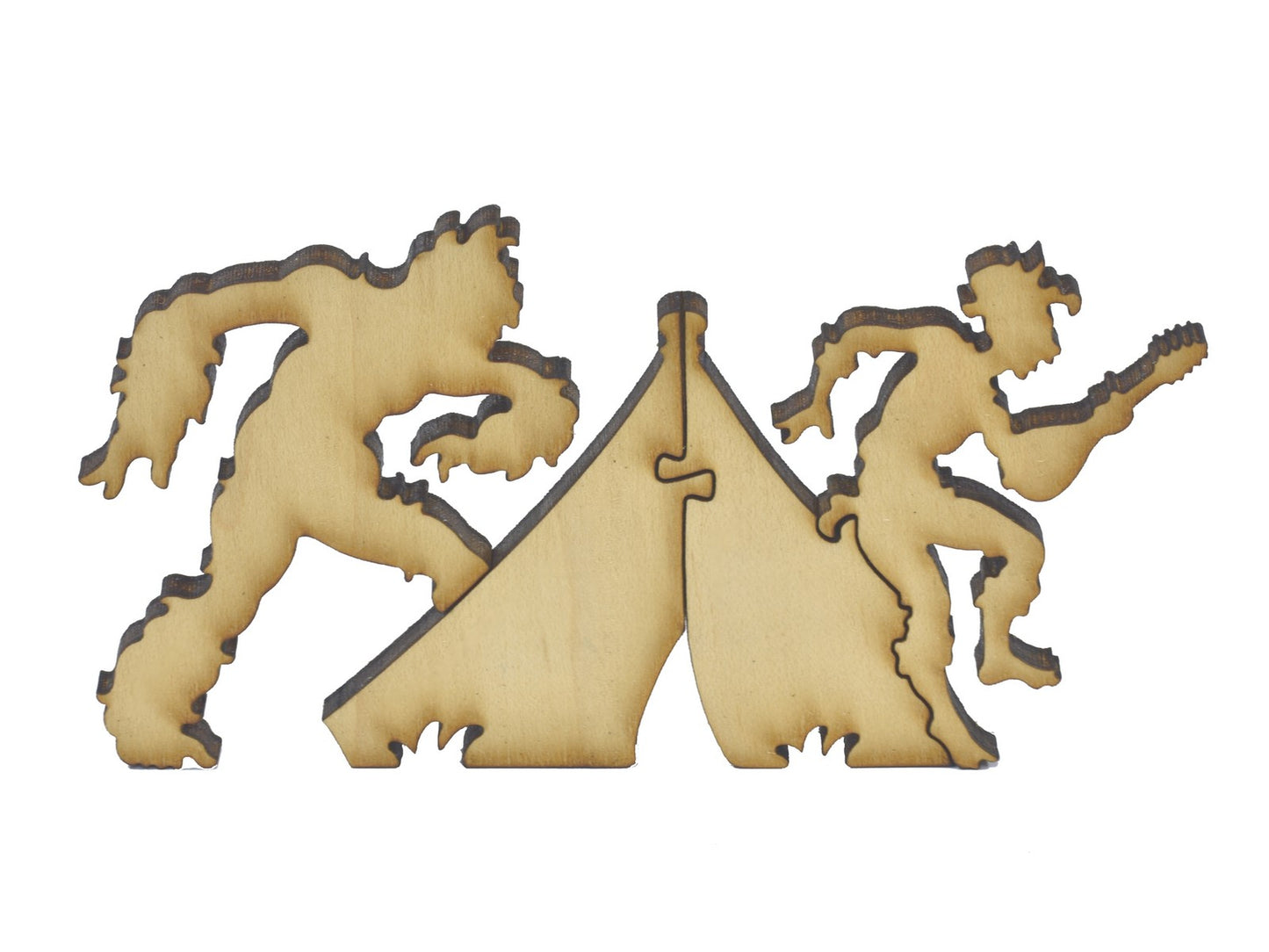 A closeup of pieces in the shape of a yeti attacking a campsite.