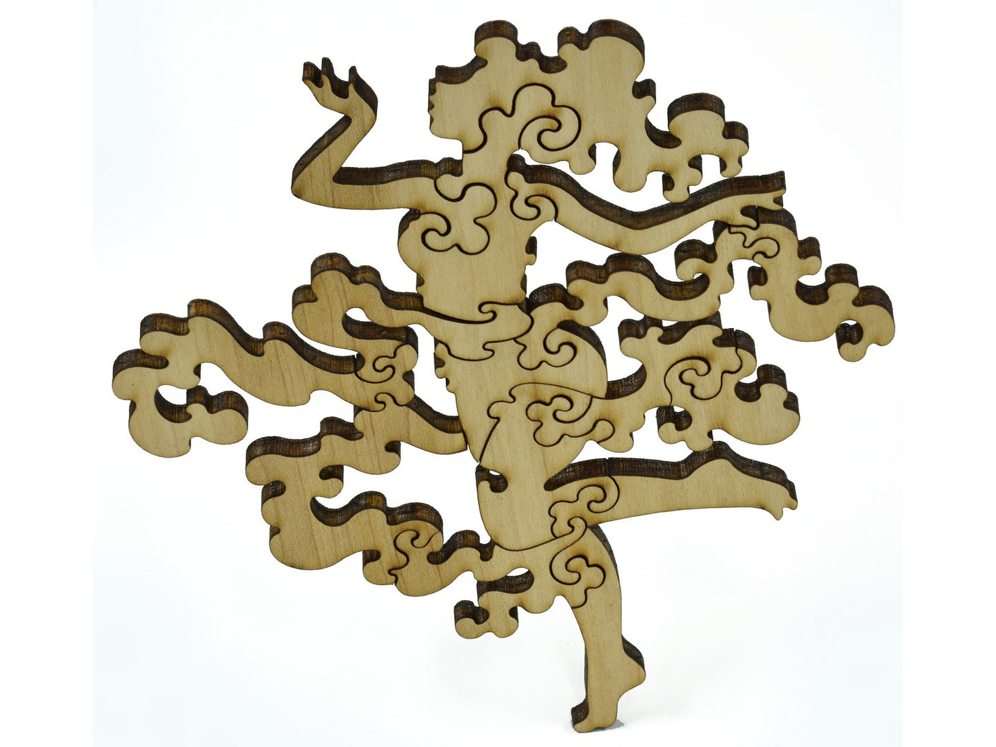A closeup of pieces in the shape of a forest Nymph.