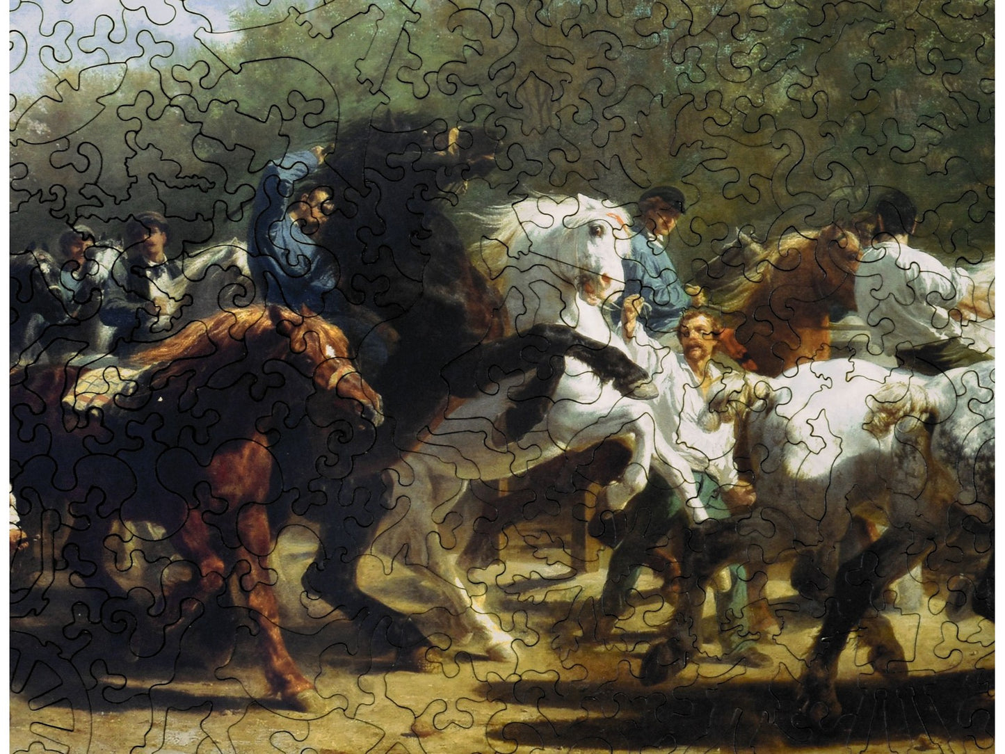 A closeup of the front of the puzzle, The Horse Fair, showing the detail in the pieces.