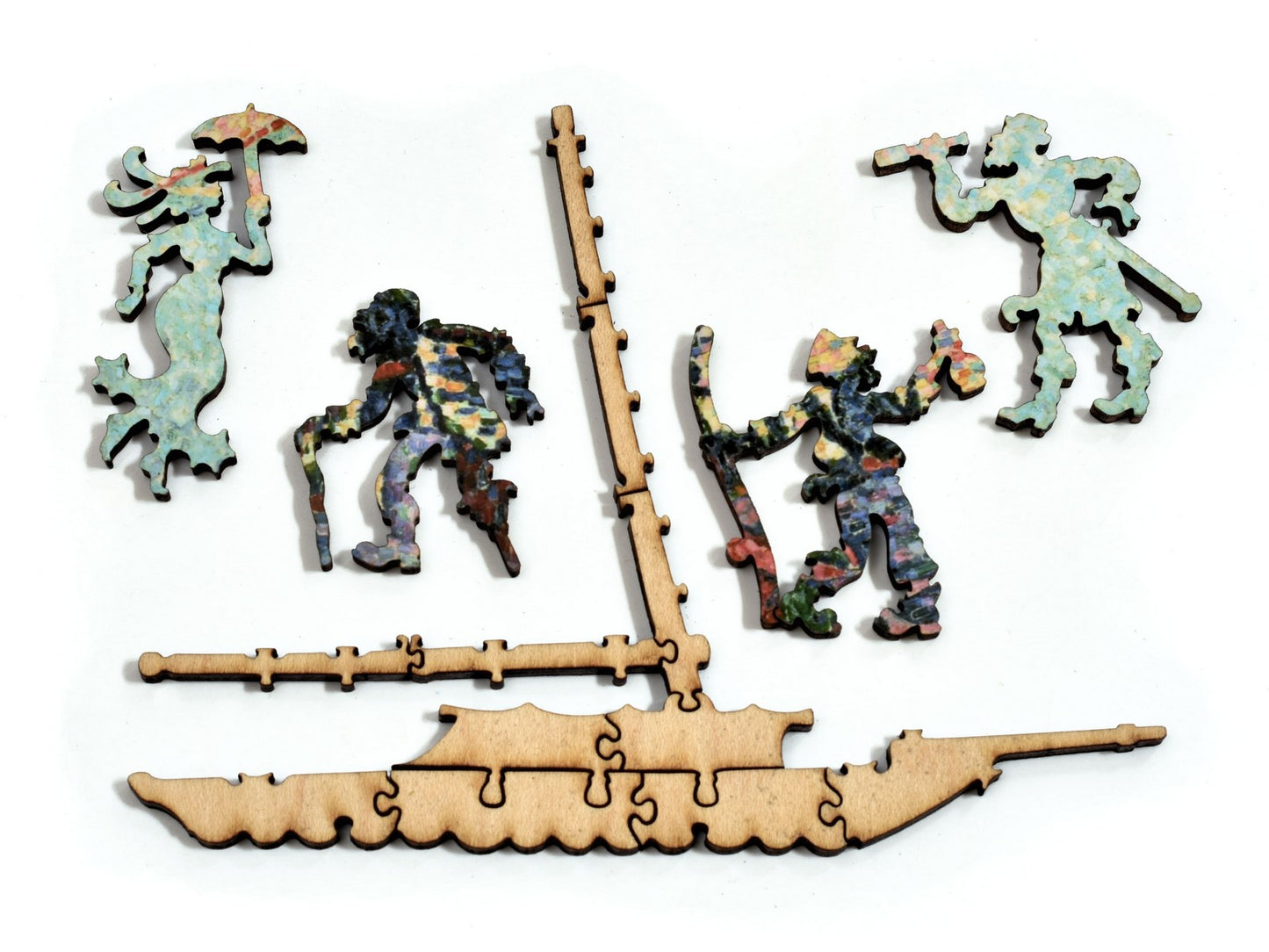 A closeup of pieces in the shape of people and a boat.