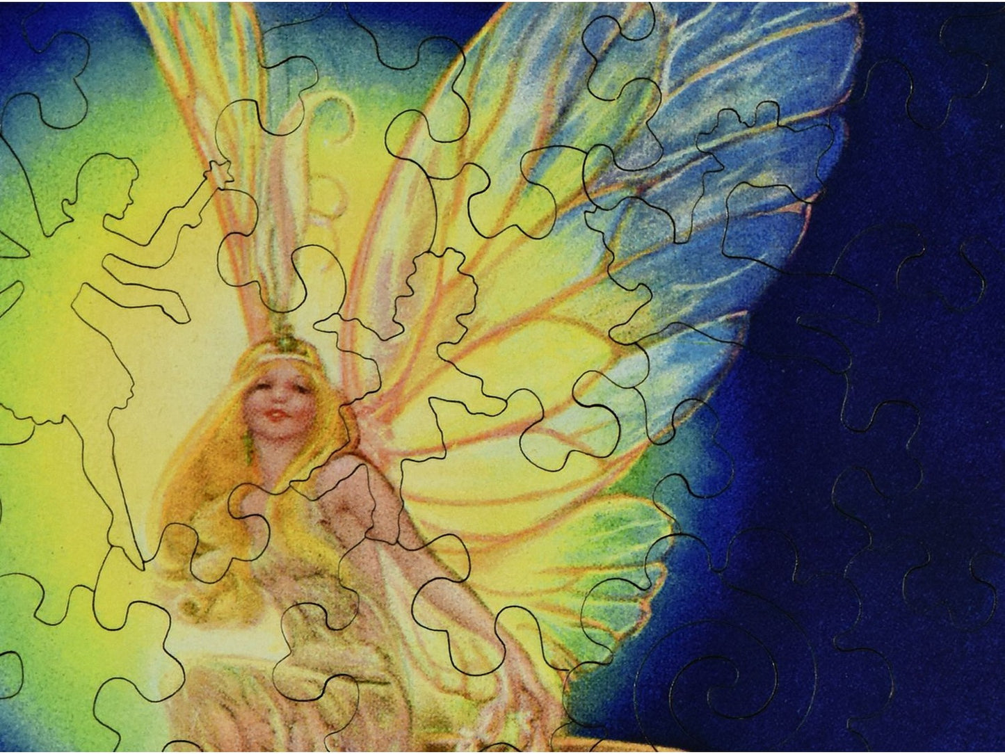 A closeup of the front of the puzzle, Tinkerbell.
