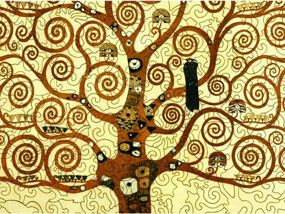 A closeup of the front of the puzzle, Tree of Life, by Gustav Klimt, showing the detail in the pieces.