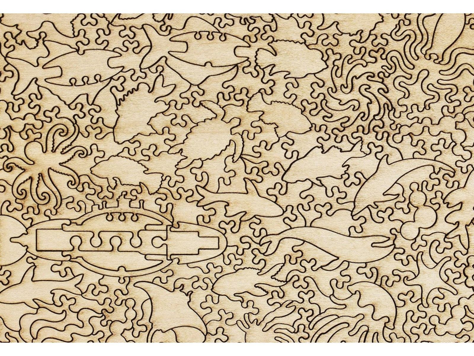 A closeup of the back of the puzzle, Under the Sea, showing the detail in the pieces.