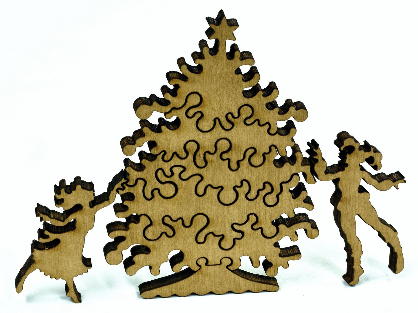 A closeup of pieces in the shape of two people decorating a christmas tree.