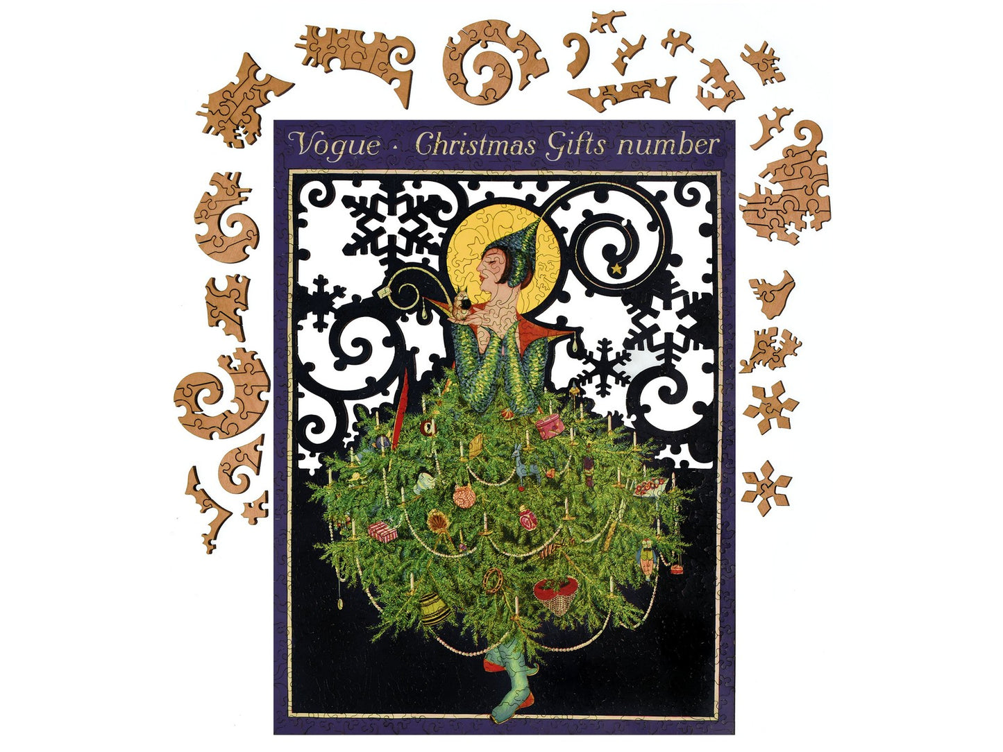 A closeup of the front of the puzzle, with pieces taken out.