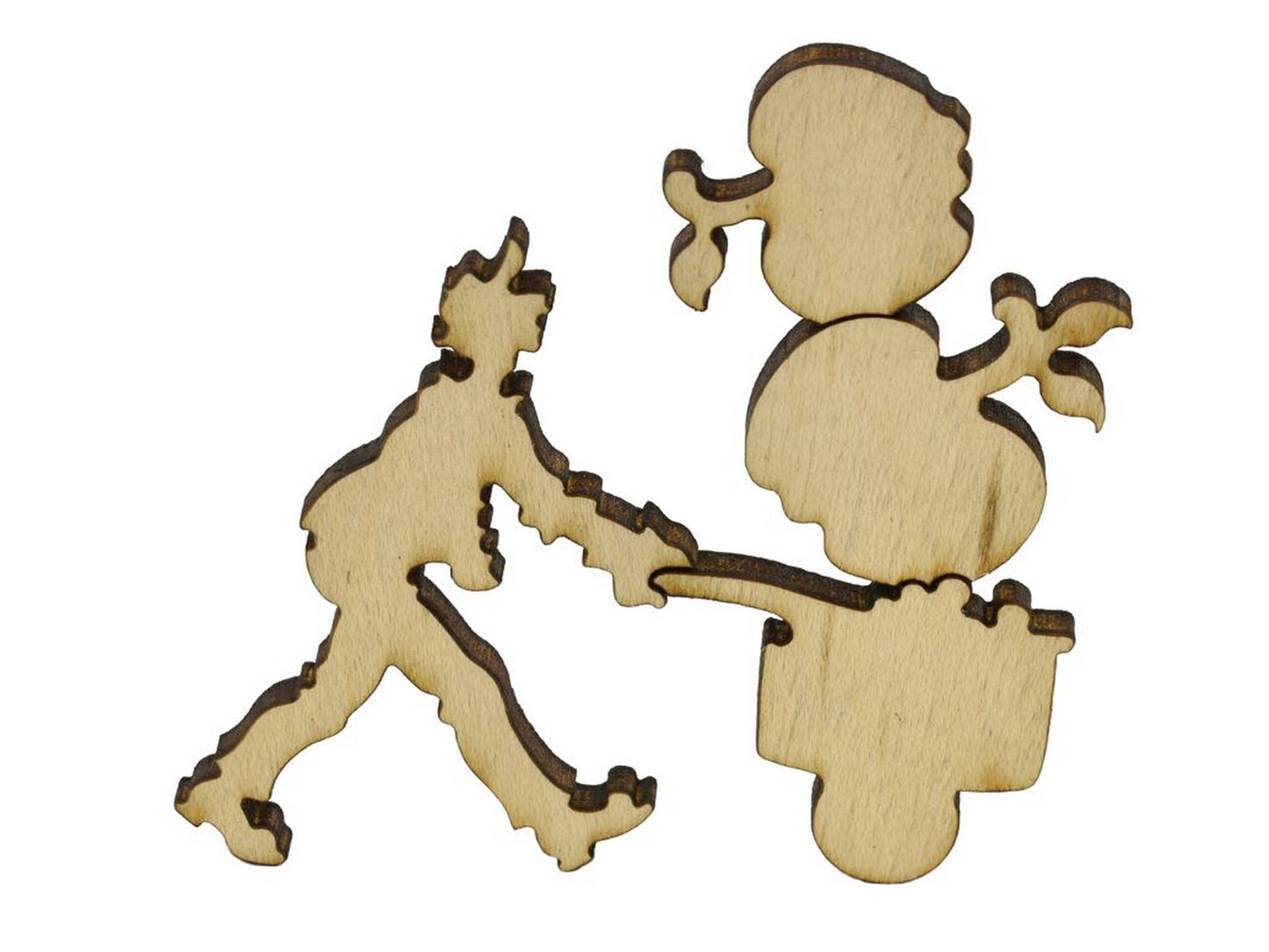 A closeup of pieces in the shape of a person with a wheelbarrow full of giant apples.