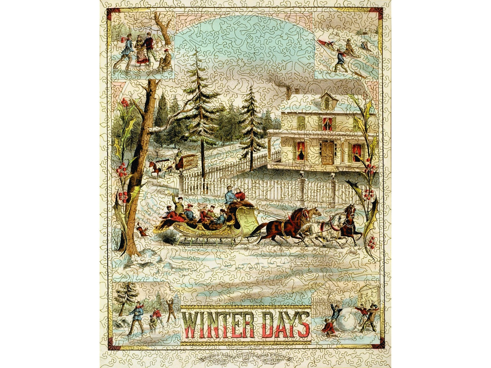 The front of the puzzle, Vintage Winter Days, which shows snowy winter scenes of sleigh riding, sledding, ice skating, and building snowmen.