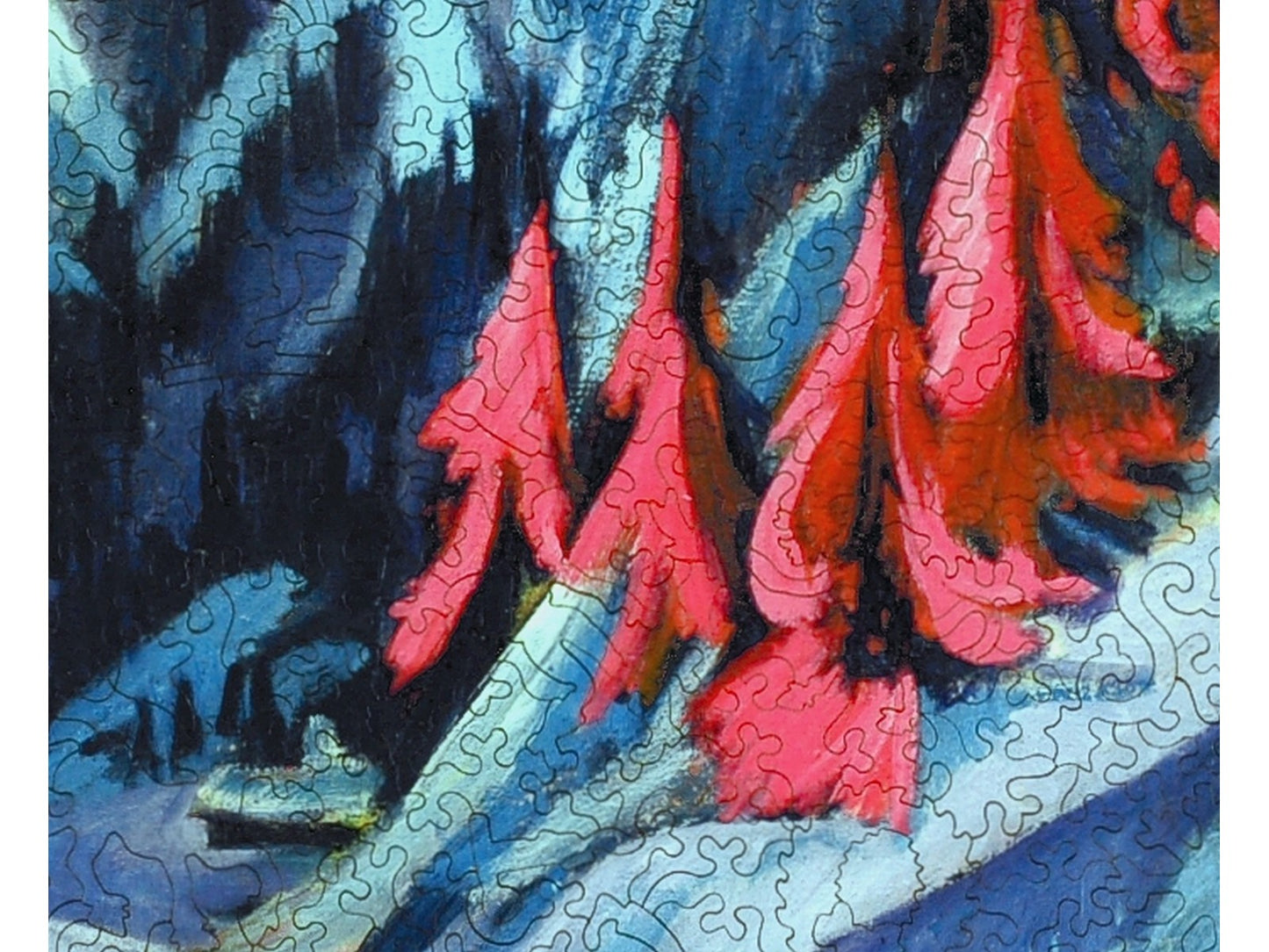 A closeup of the front of the puzzle, Winter Landscape in Moonlight.