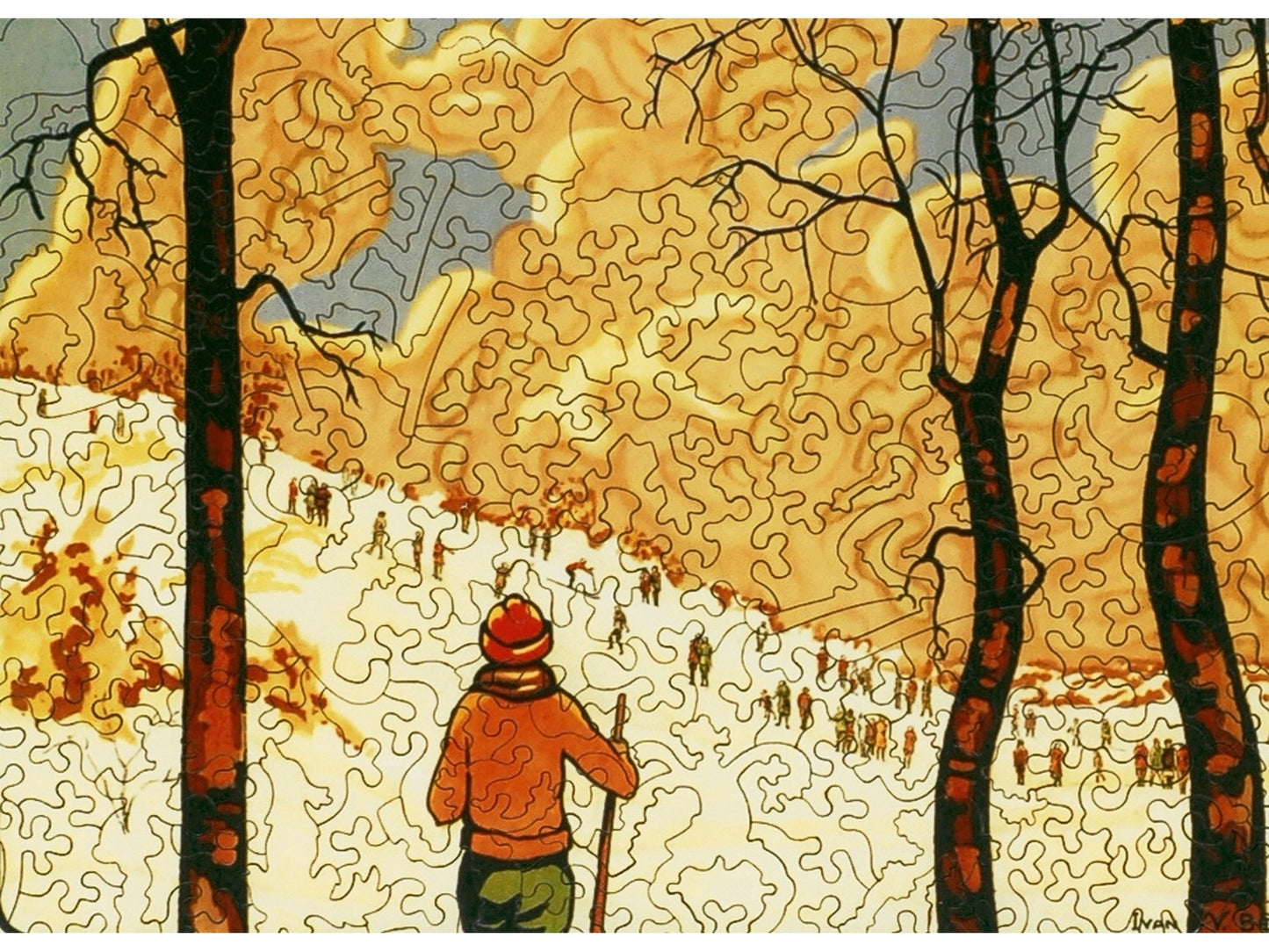 A closeup of the front of the puzzle, Winter Sports by South Shore Line.