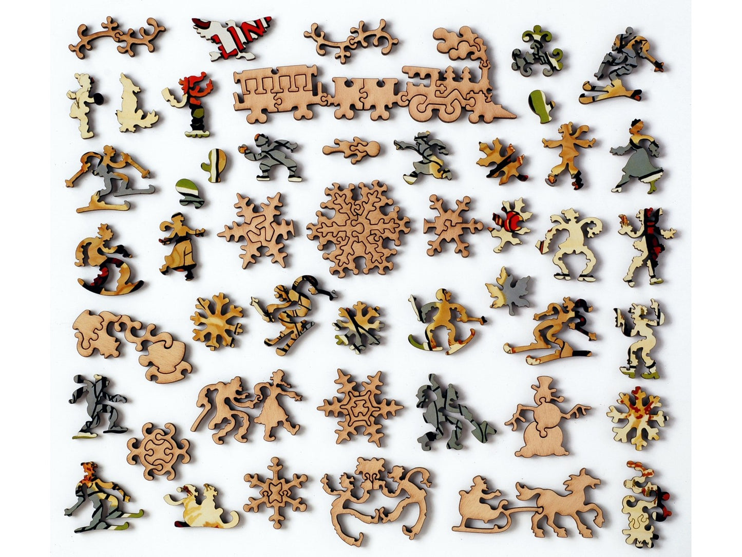 The whimsy pieces that can be found in the puzzle, Winter Sports by South Shore Line.