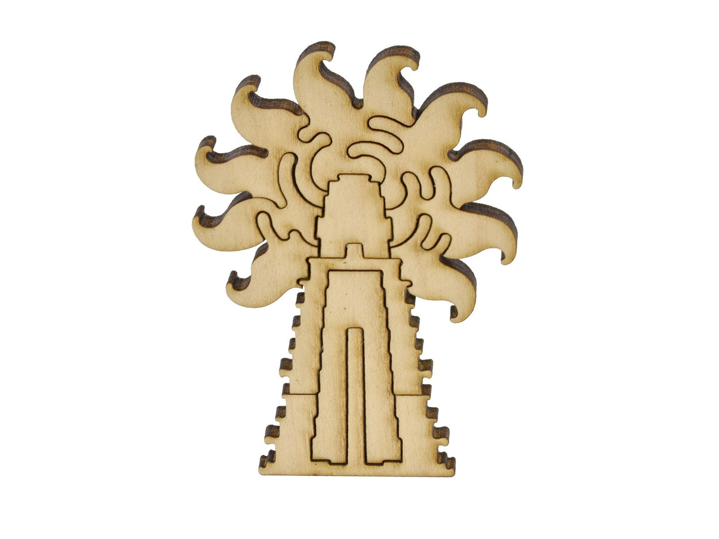 A closeup of pieces in the shape of a temple.