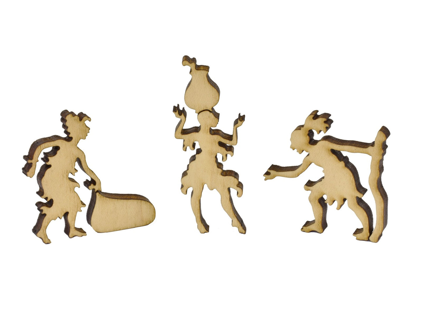 A closeup of pieces in the shape of three people.