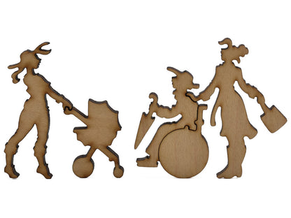 A closeup of pieces shaped like a woman pushing a stroller and a woman pushing a wheelchair.