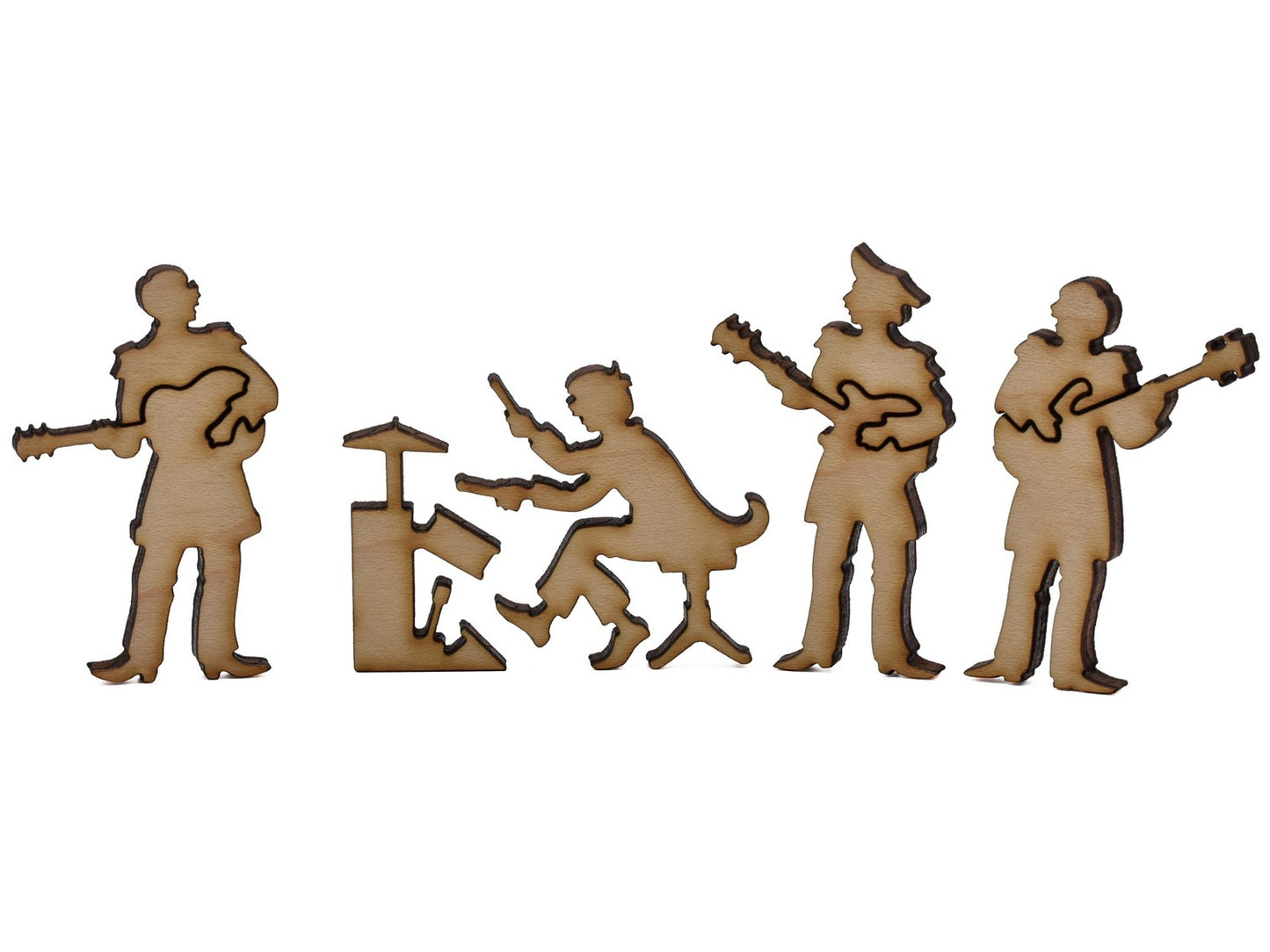 A closeup of pieces shaped like a band from Liverpool.