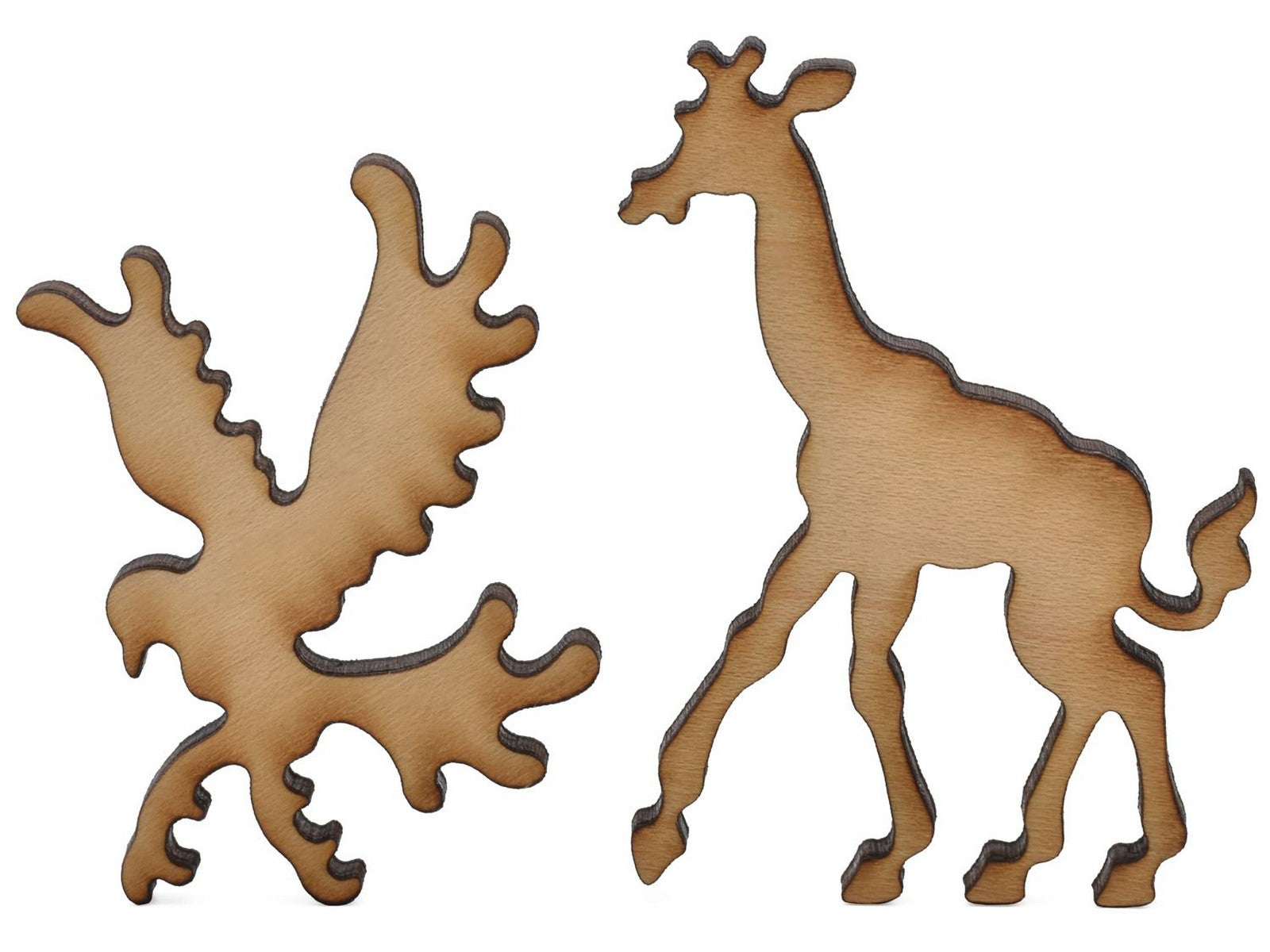 A closeup of pieces shaped like a giraffe and a bird.