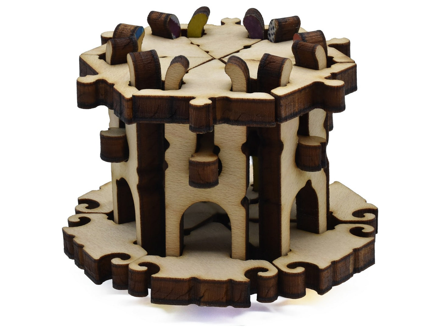 A closeup of pieces that make a 3D bird feeder.