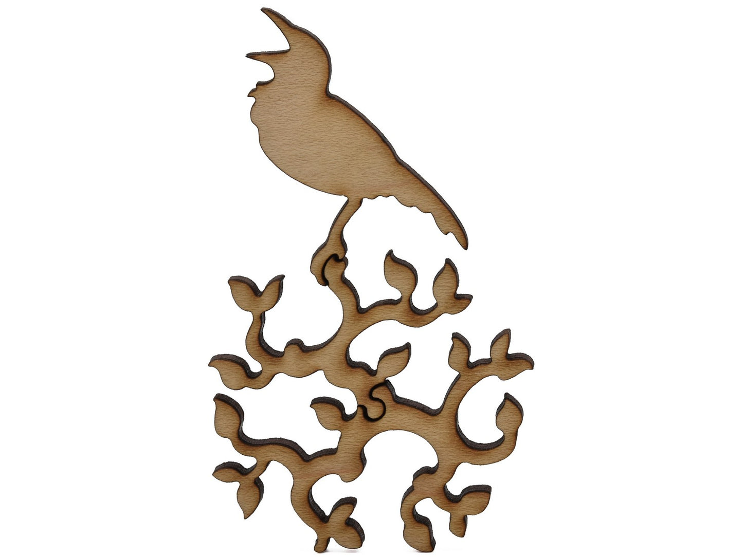 A closeup of pieces shaped like a bird sitting on a round branch.
