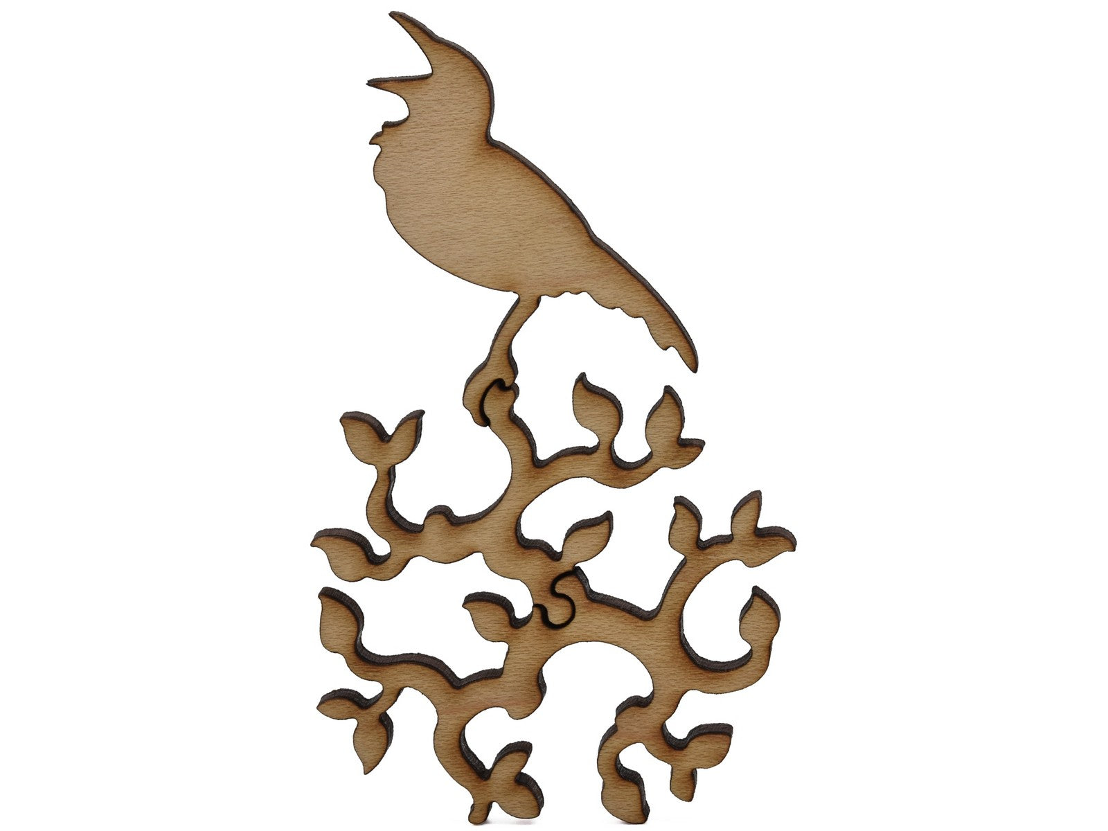 A closeup of pieces shaped like a bird sitting on a round branch.