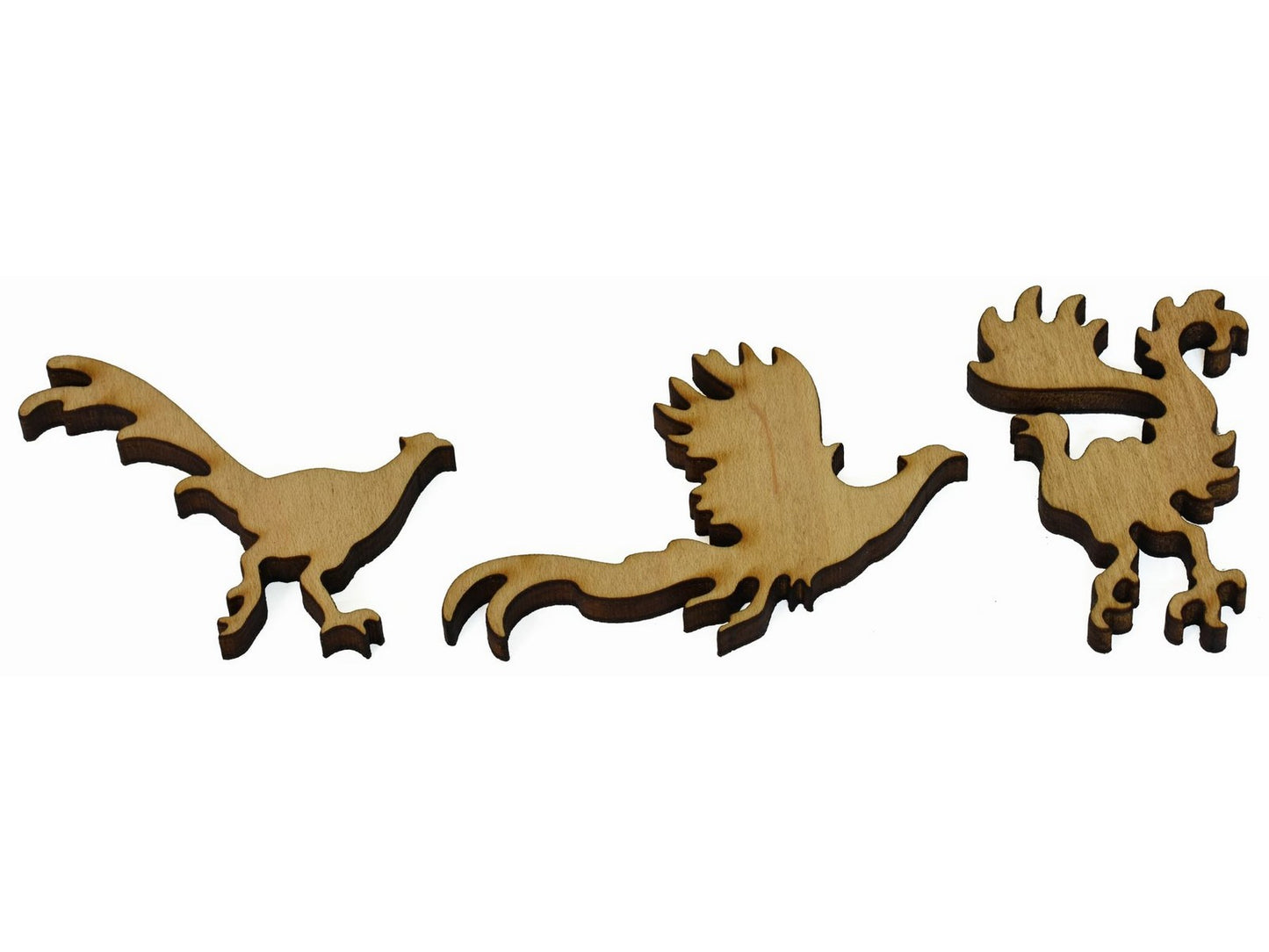A closeup of pieces showing three birds.