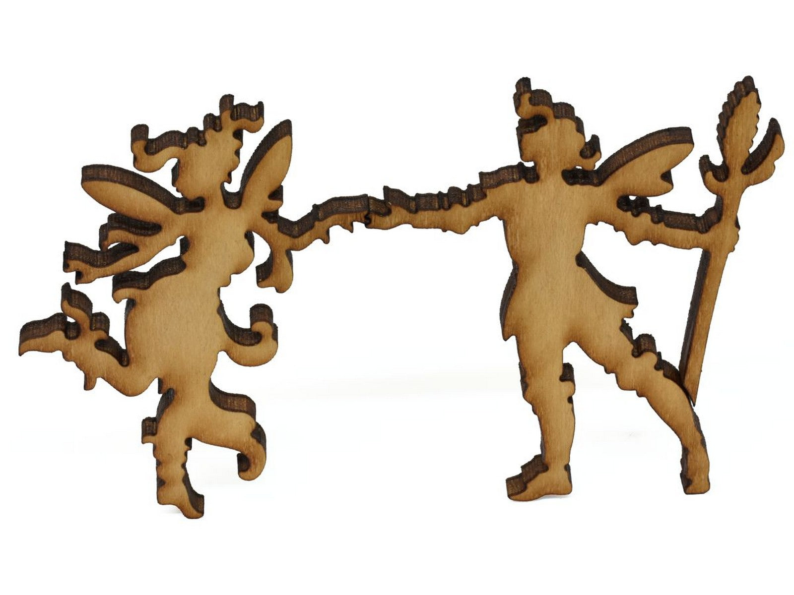 A closeup of pieces showing a pair of fairies holding hands.