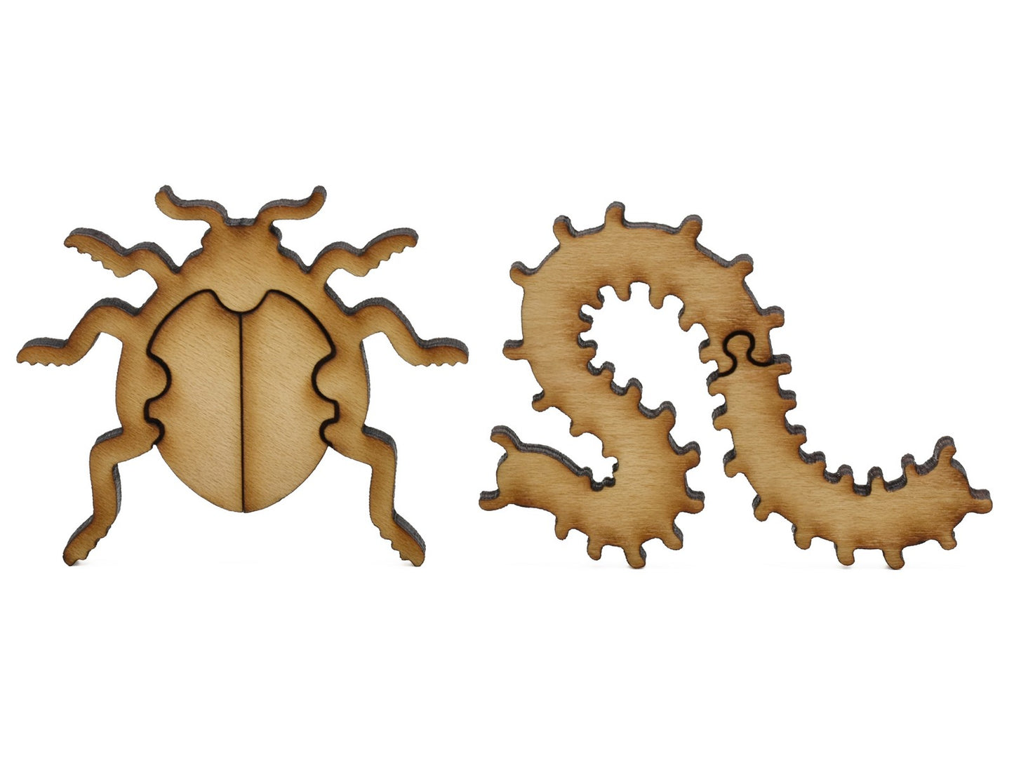 A closeup of pieces shaped like a beetle and a caterpillar. 