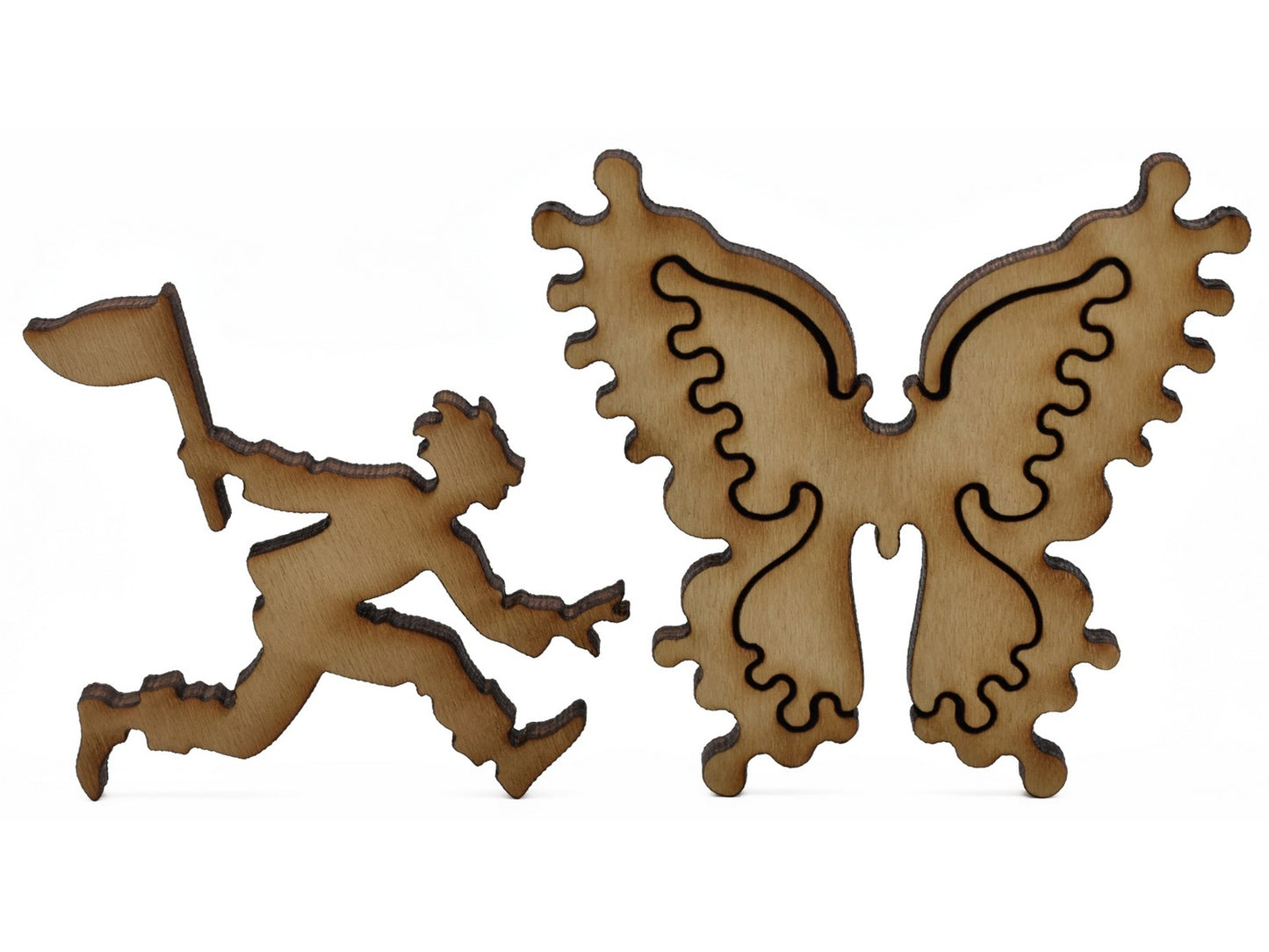 A closeup of pieces shaped like a person with a butterfly net and large butterfly.