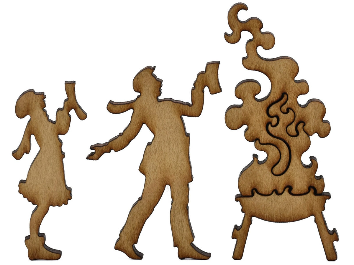 A closeup of pieces shaped like two people singing carols around a fire.