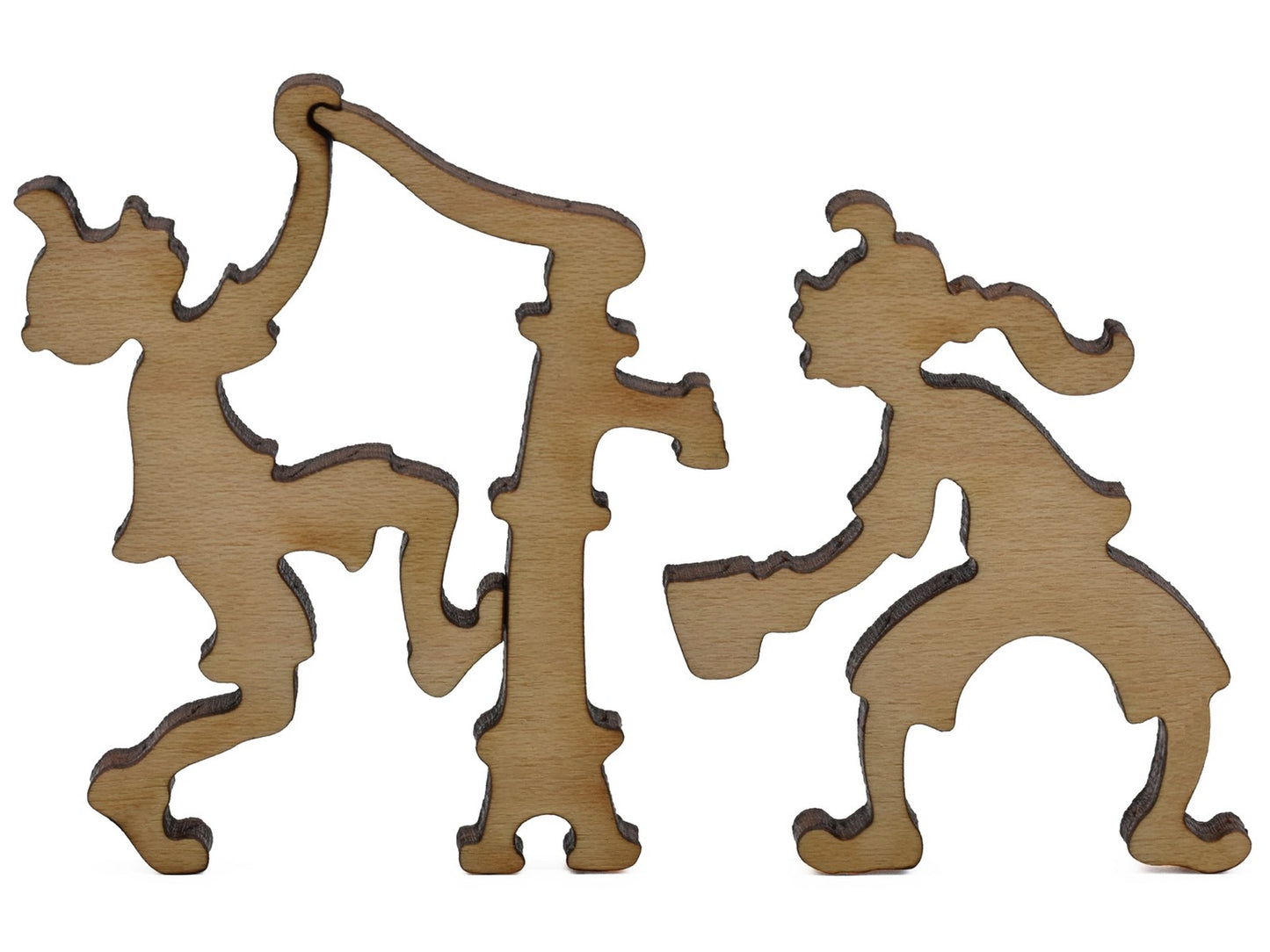 A closeup of pieces shaped like two children with a water pump.