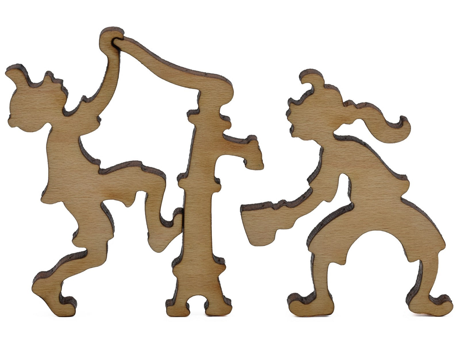 A closeup of pieces shaped like two children with a water pump.