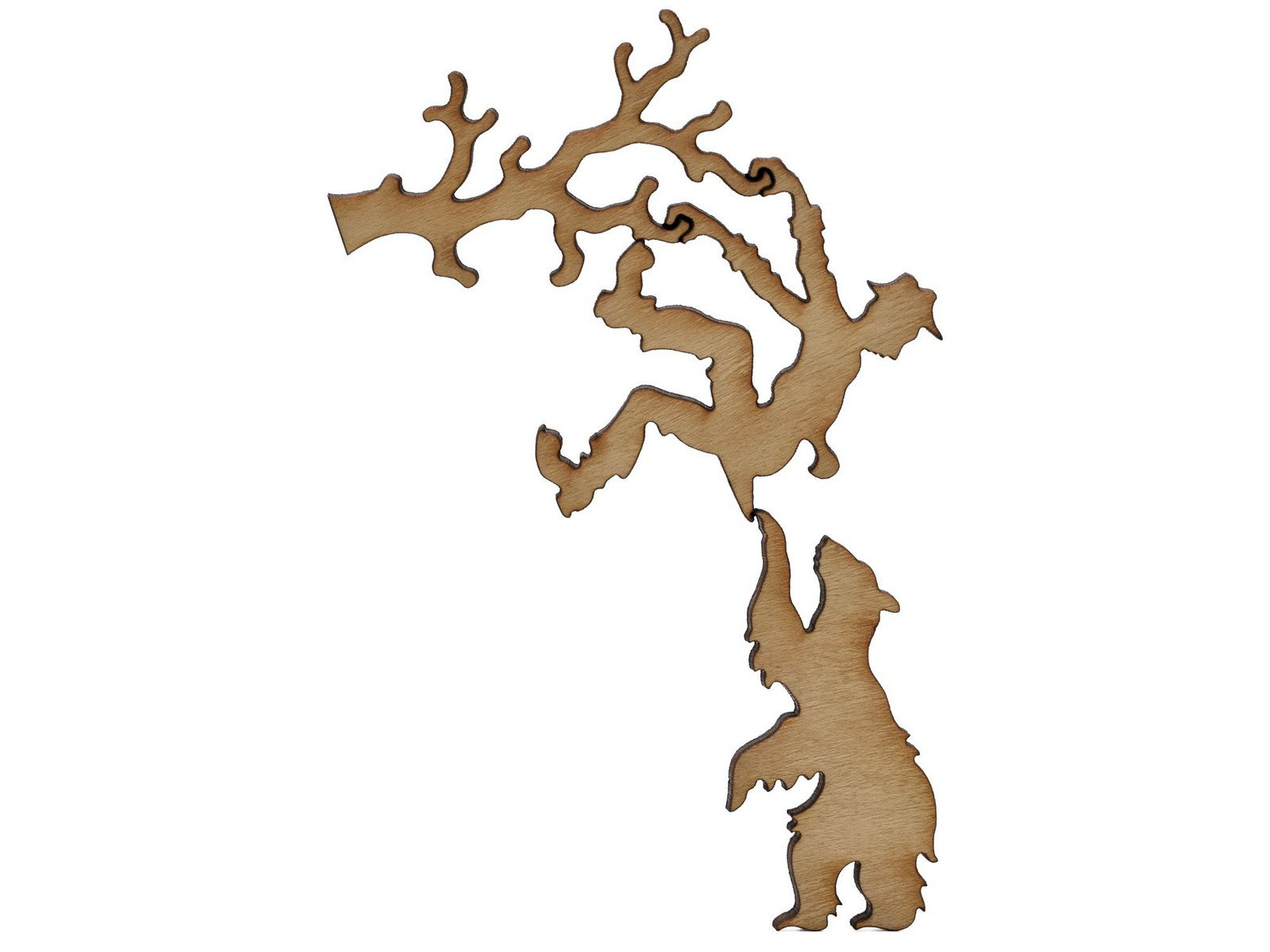 A closeup of pieces shaped like a bear chasing a climber into a tree.