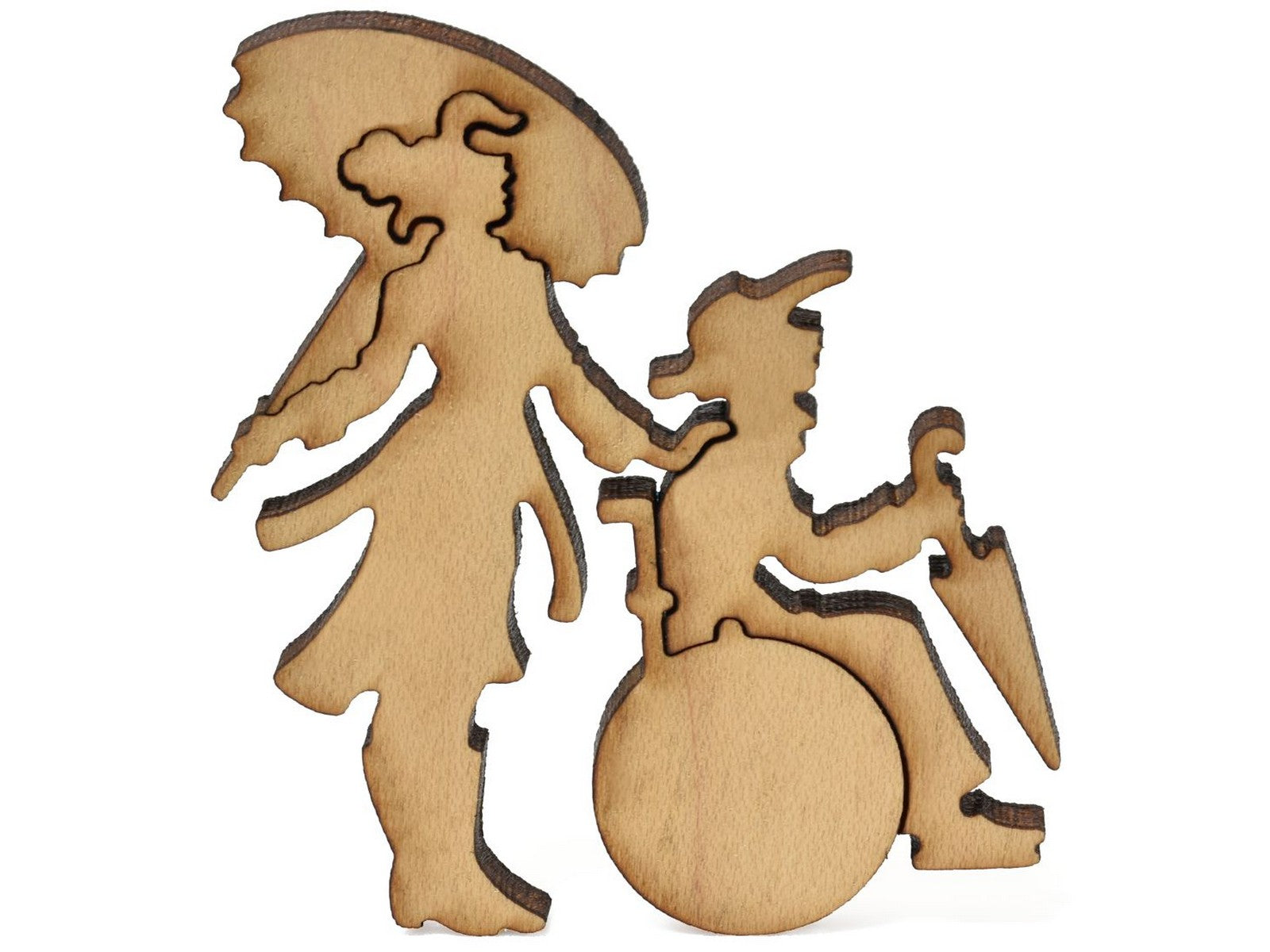 A closeup of pieces showing a couple with umbrellas and a wheelchair.