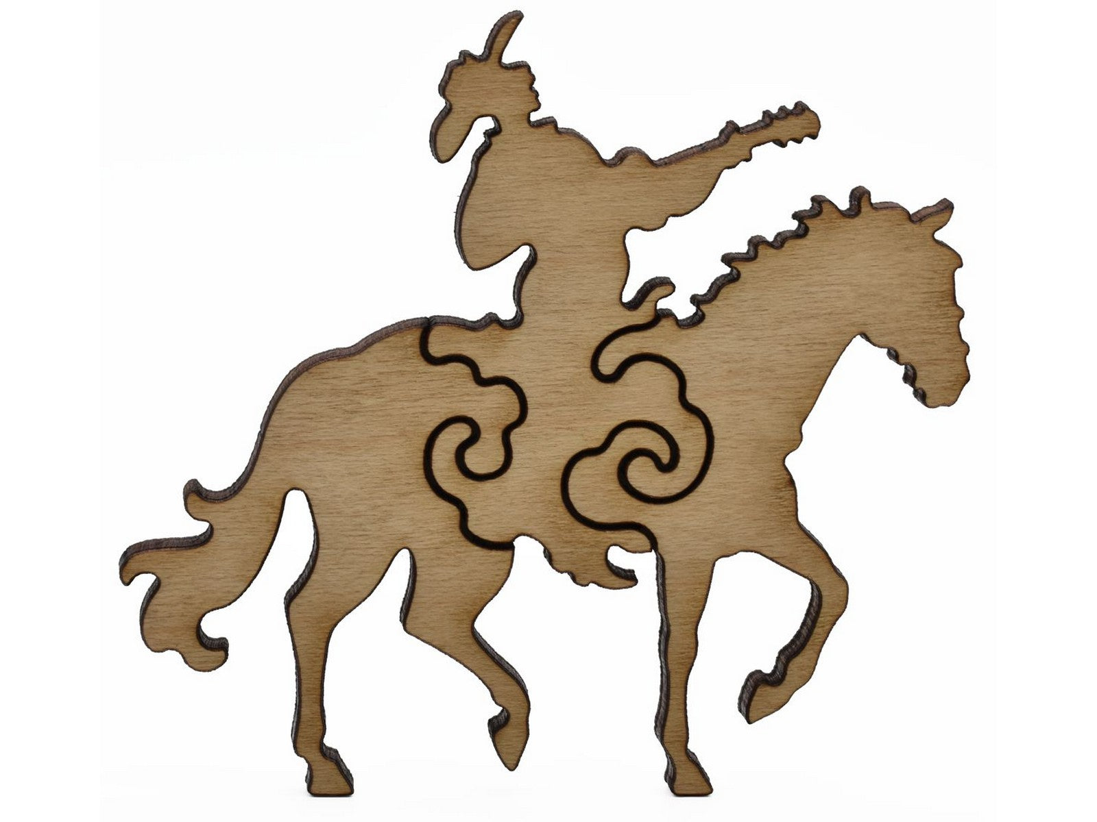 A closeup of pieces shaped like a cowboy playing a guitar on a horse.