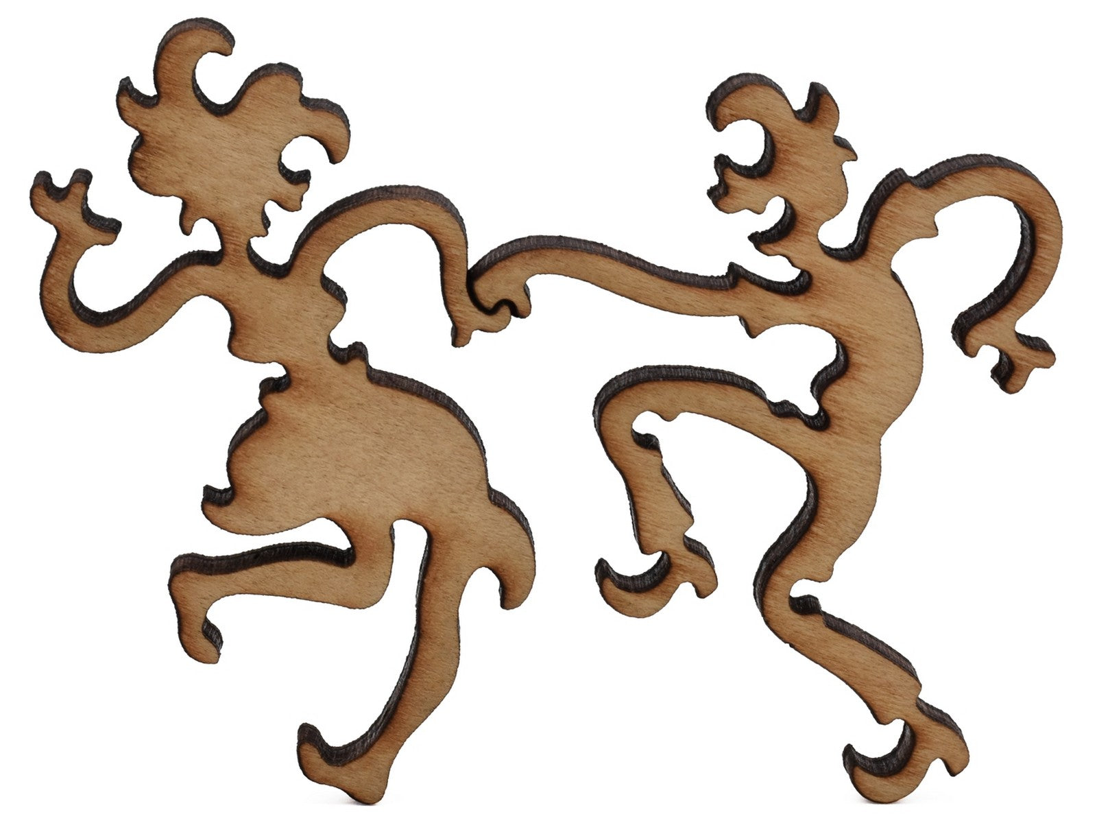 A closeup of pieces shaped like two people dancing.