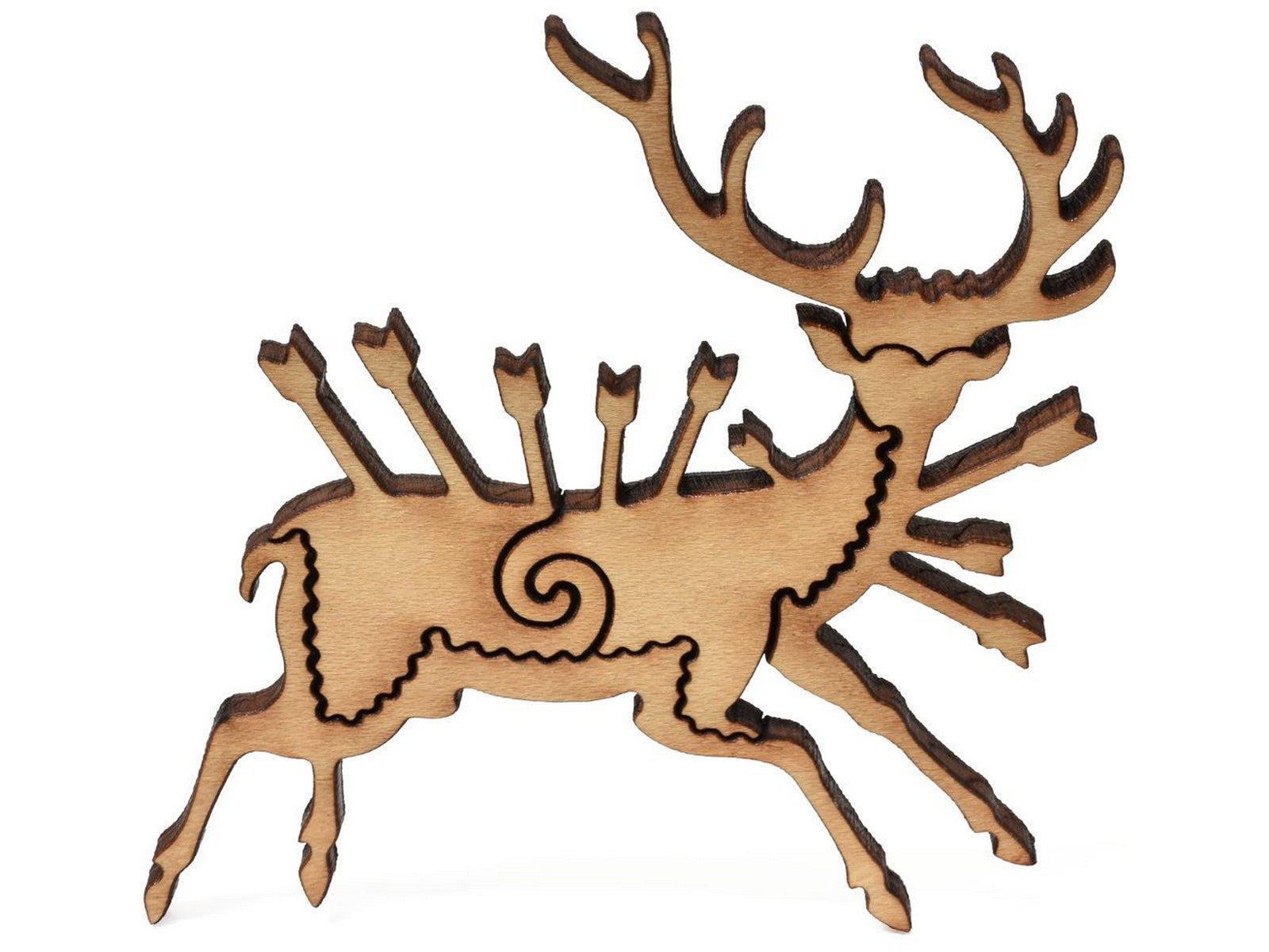 A closeup of pieces that show a deer with arrows in it.