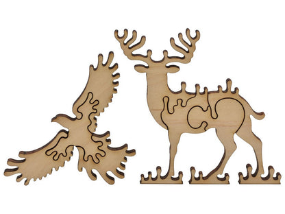 A closeup of pieces in the shape of a deer and a large bird.