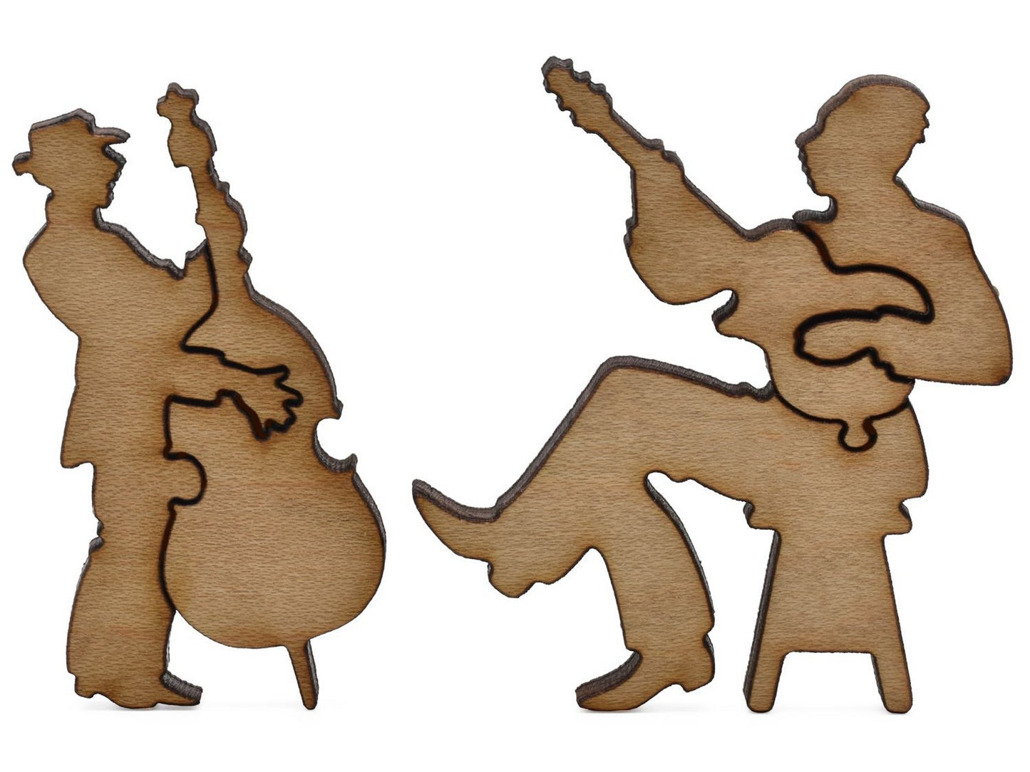 A closeup of pieces shaped like a guitar player and a bass player.