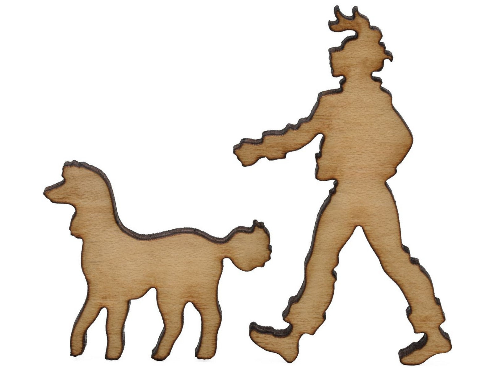 A closeup of pieces shaped like a person walking a dog.