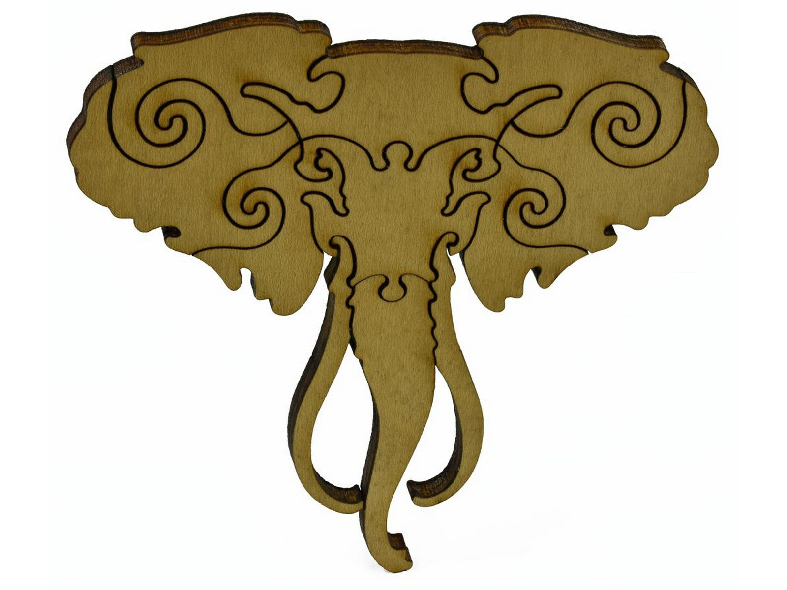 A closeup of pieces that make up a multi-piece elephant's head.
