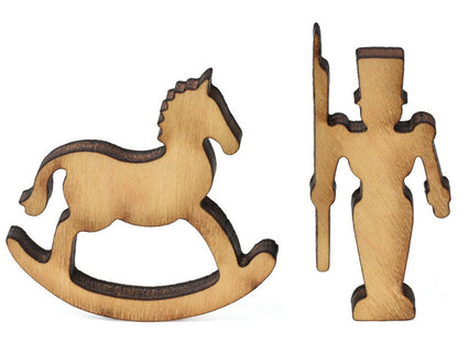A closeup of pieces showing a rocking horse and a toy soldier.