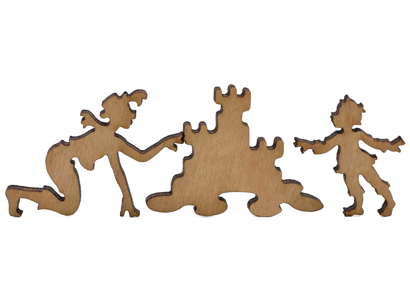A closeup of pieces shaped like a family building a sandcastle.